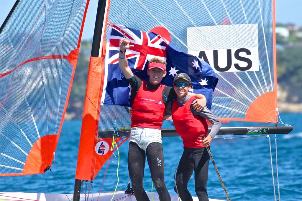 Cooley and Hoffman (AUS) celebrate their Silver Medal win - Boys 29er - Aon Youth Worlds 2016, Torbay, Auckland, New Zealand, Day 5, December 19, 2016 © Richard Gladwell www.photosport.co.nz